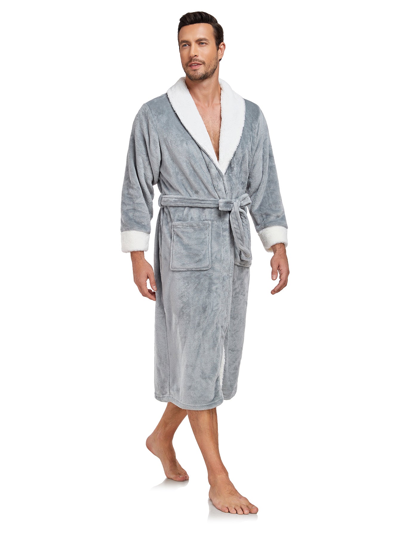 RONGTAI Men's Plush Long Bathrobe, Soft And Warm, Full Length, Shawl Collar, Fleece