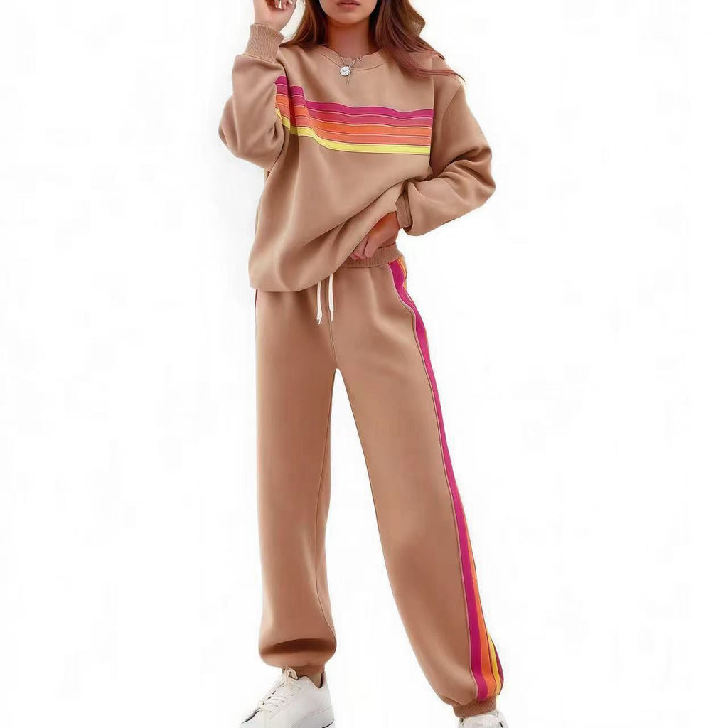 Round Neck Loose Color Stripes Elastic Waist Pants Sweater Suit